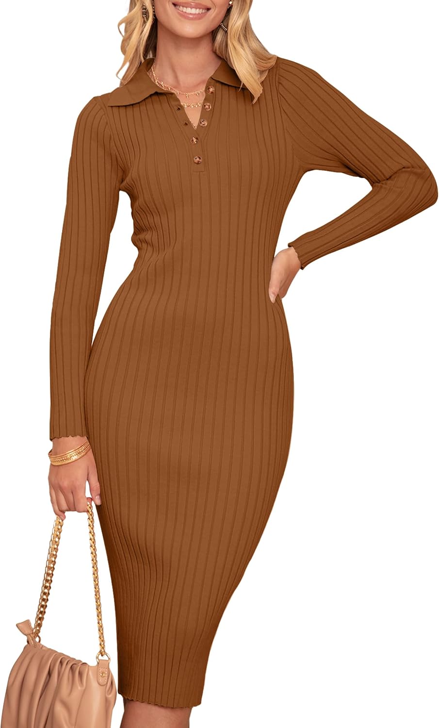 MEROKEETY Womens 2025 V Neck Ribbed Sweater Dress Long Sleeve Bodycon Knit Midi Dresses