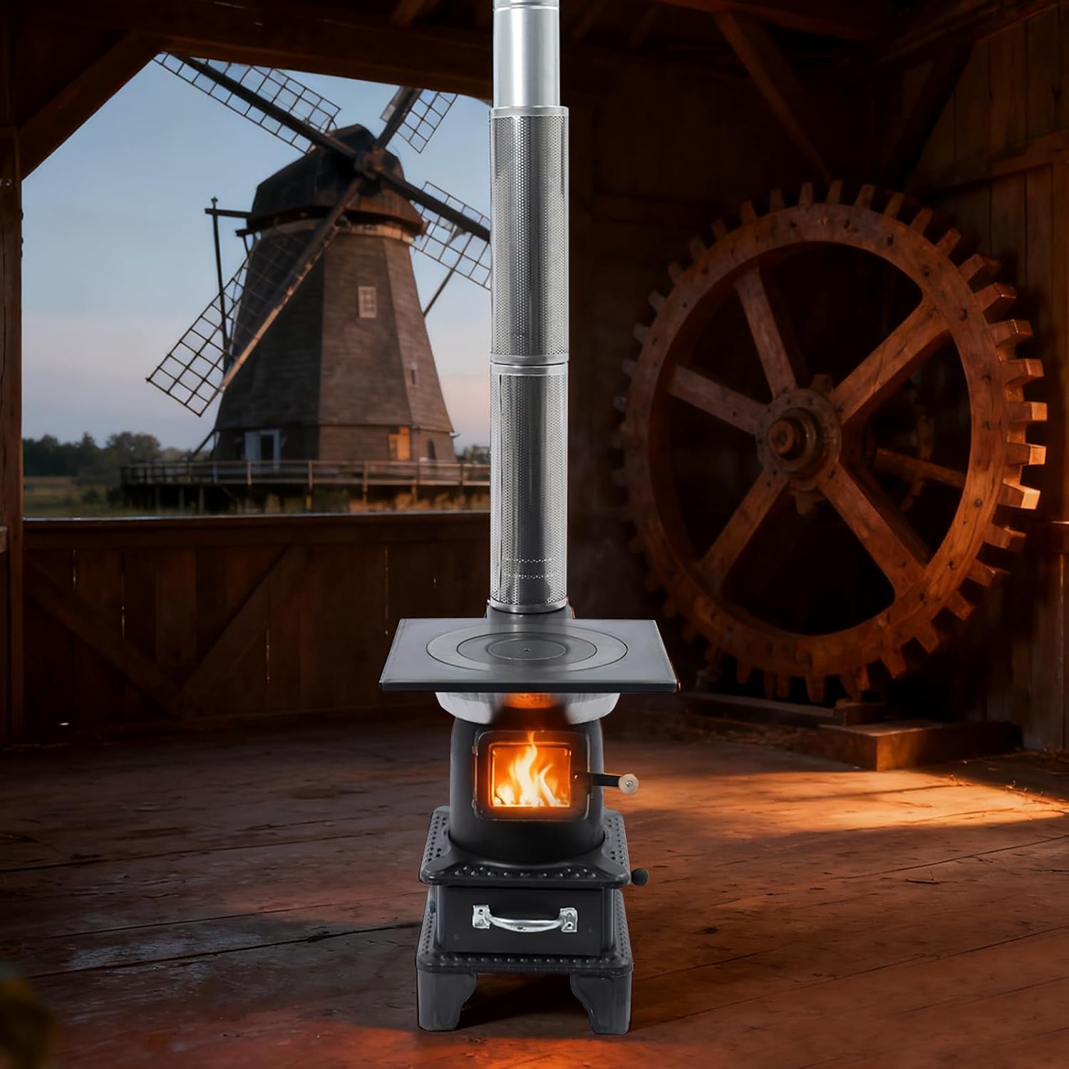 Wood Burning Heating Stove, Smokeless Cooker For Tent Portable Hot Wood Burning Stove with 6 Chimney Pipes Woodstove Suitable for Camping Sites Ice Fishing Spots Hunting Camps