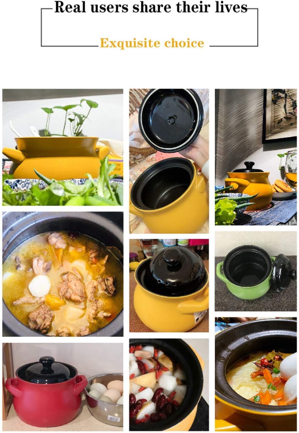 olla de cerámica, Olla de cerámica con tapa doble asa, sopera pura(Black and yellow,3.8L)