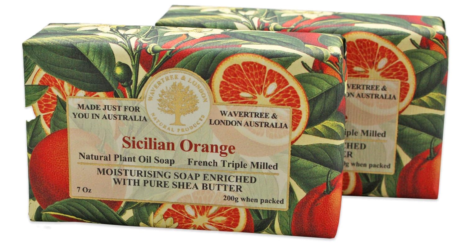 Wavertree &amp; London Sicilian Orange 2 Bars, 7oz Moisturizing Natural Soap Bar, French -Milled and enriched with Shea Butter