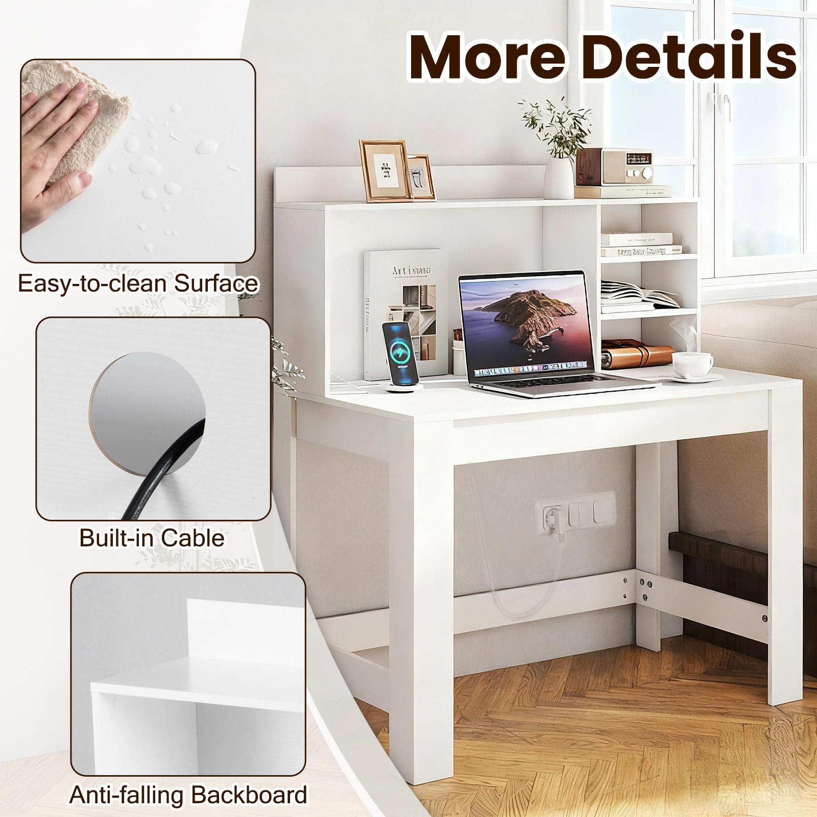 LIFEZEAL Scrivania con Libreria e Multipresa, Scrivania Porta Computer, PC, in Legno, 108x60cm, Ampio Spazio, Tavolo Postazione di Lavoro, per Ufficio, Studio, Moderno, Salvaspazio, Max 140kg (bianco)