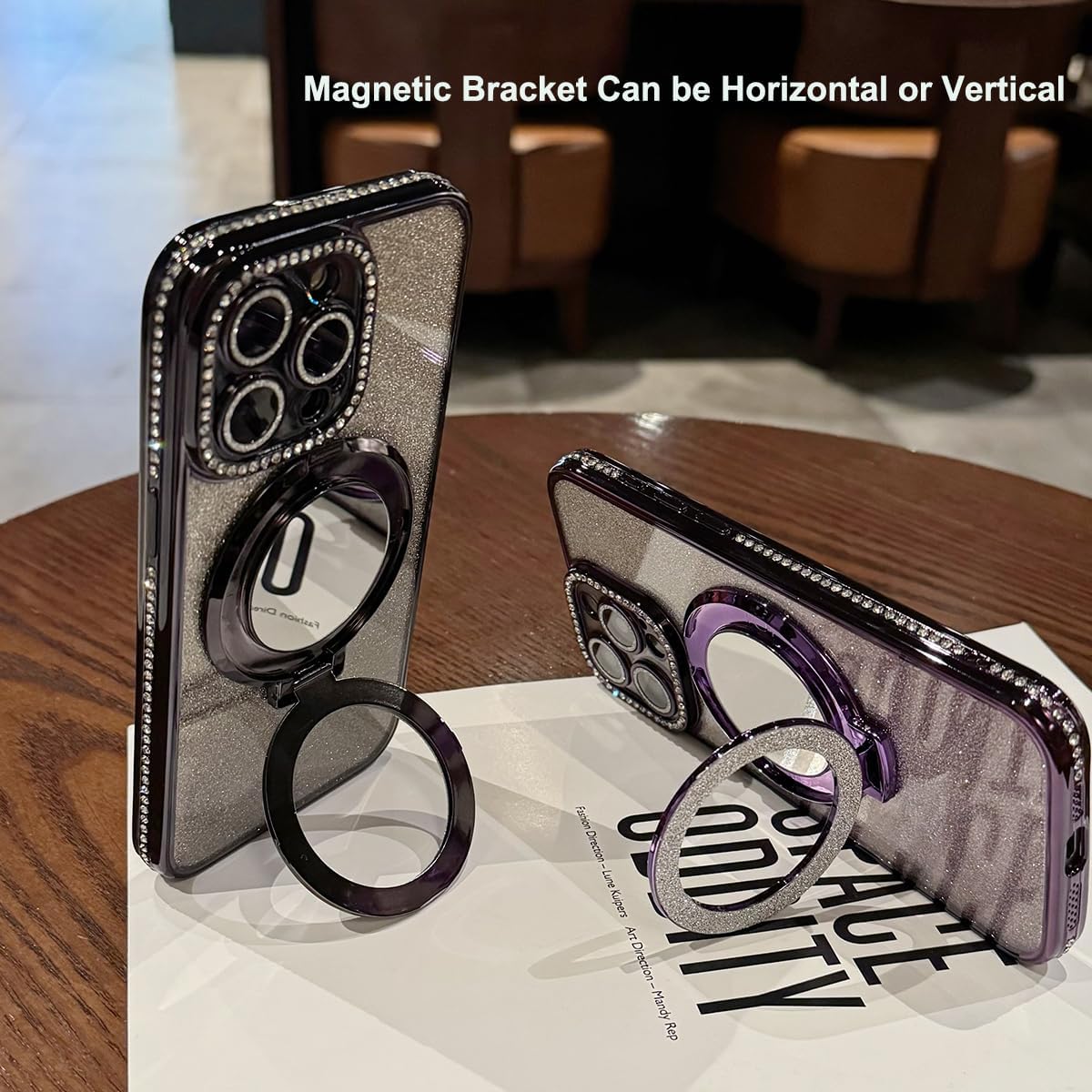 for iPhone 15 Plus Case Magnetic KickStand, [Compatible with Magsafe] Shockproof Glitter Makeup Mirror Ring Holder Camera Lens Protector Girly Cute Bling Phone Cover for iPhone 15 Plus (Pink) - Image 3