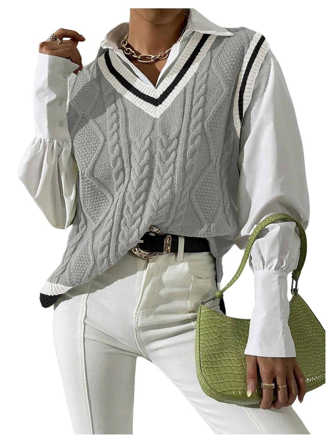 SweatyRocks Womens Cable Knit Sweater Vest Side Split V Neck Sleeveless Pullover Tops