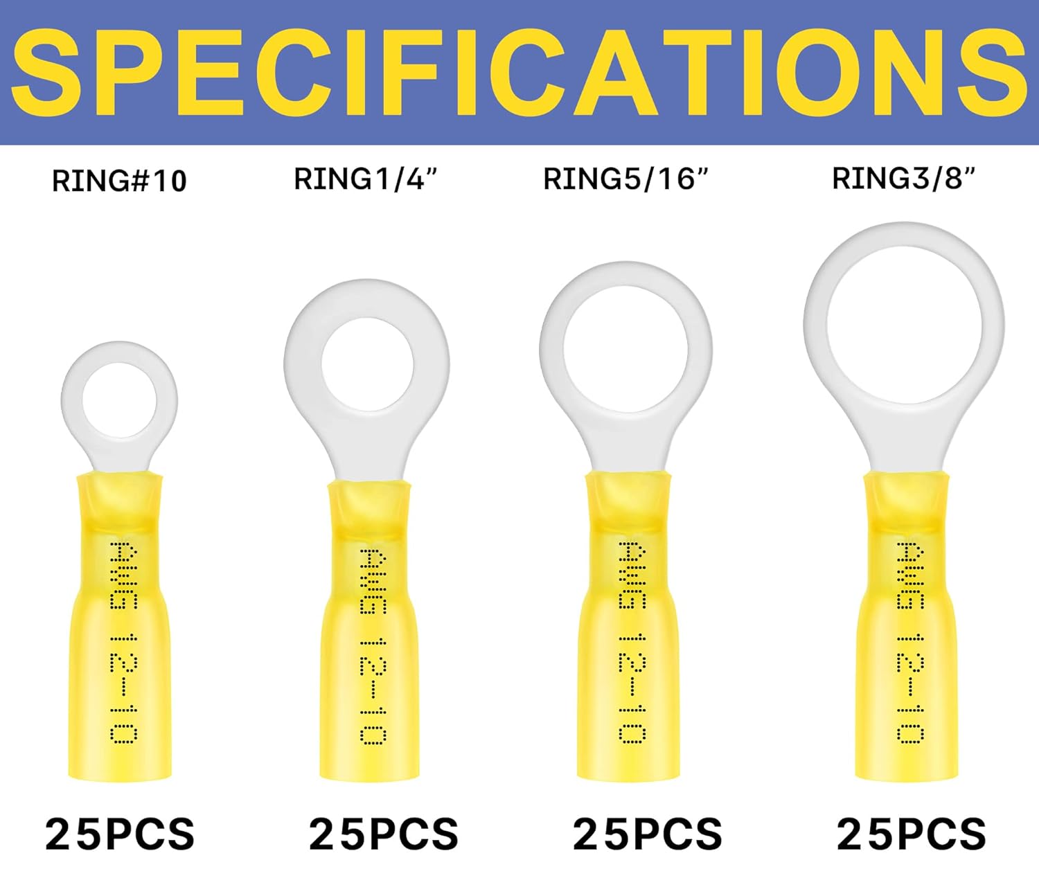 haisstronica Ring Terminals,100PCS Marine Grade Heat Shrink Ring Connectors-Yellow Wire Connectors Tinned Red Copper #10,1/4",5/16",3/8"(4Sizes),12-10 Gauge Insulated Ring Crimp Terminals