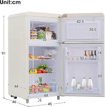 DRIXNO Retro fridge small fridge with freezer mini fridge white 72 liters total volume with 21 liter freezer volume 120 kWh per year LED light. [Energy Class E]