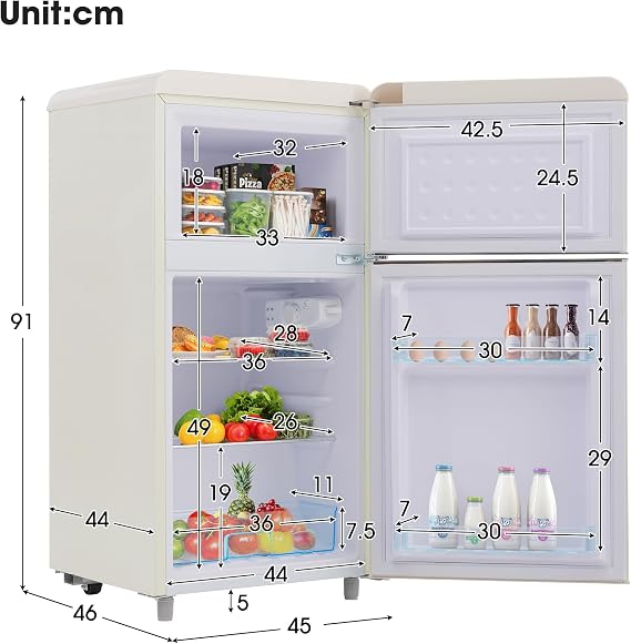 DRIXNO Retro fridge small fridge with freezer mini fridge white 72 liters total volume with 21 liter freezer volume 120 kWh per year LED light. [Energy Class E]