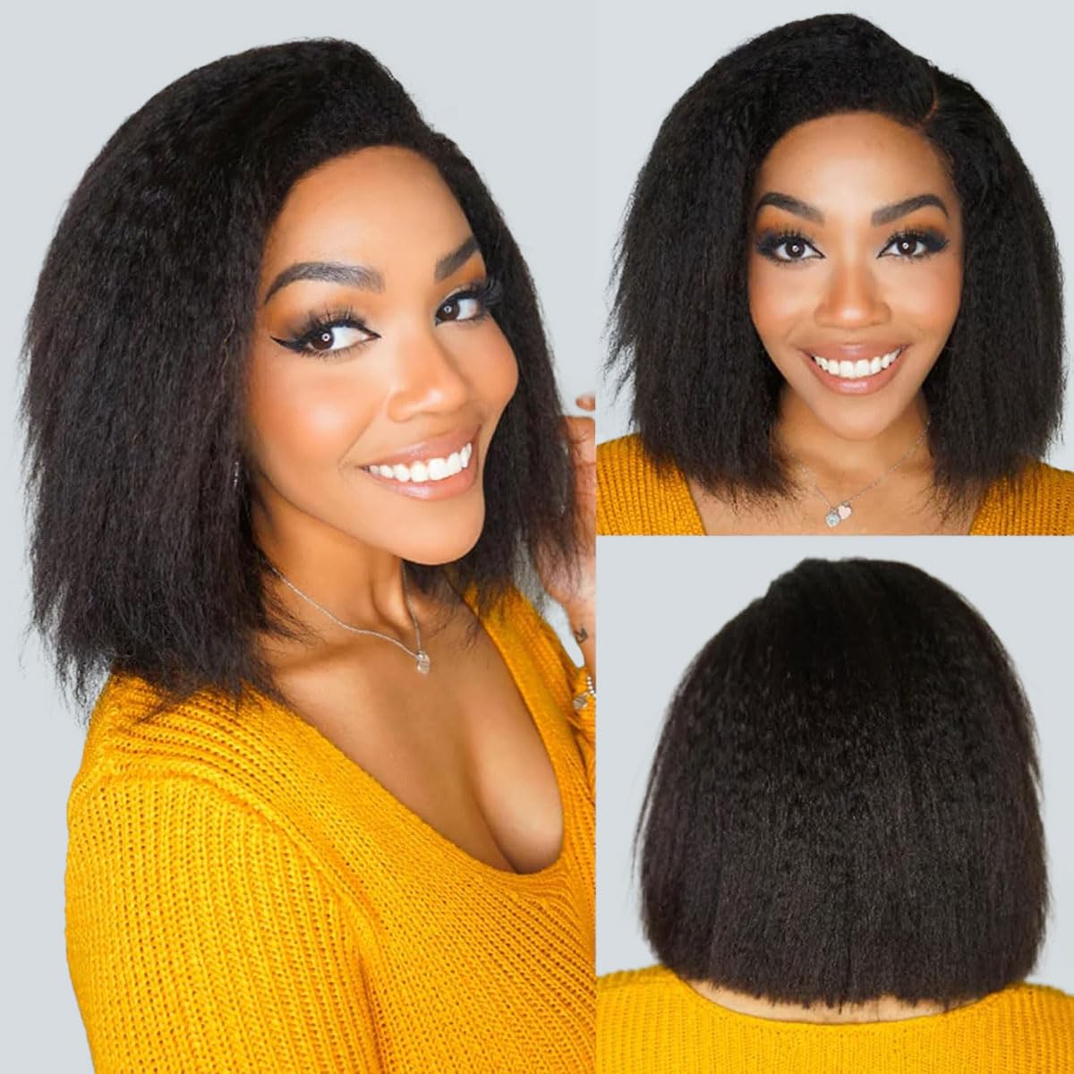 Kinky Straight Bob Human Hair Wig for Black Women Glueless Wigs Pre Plucked Pre Cut Invisible Knots Ugrace Super Soft 6X5 Lace Front Ready to Wear Wigs Glueless Human Hair Wig 12inch