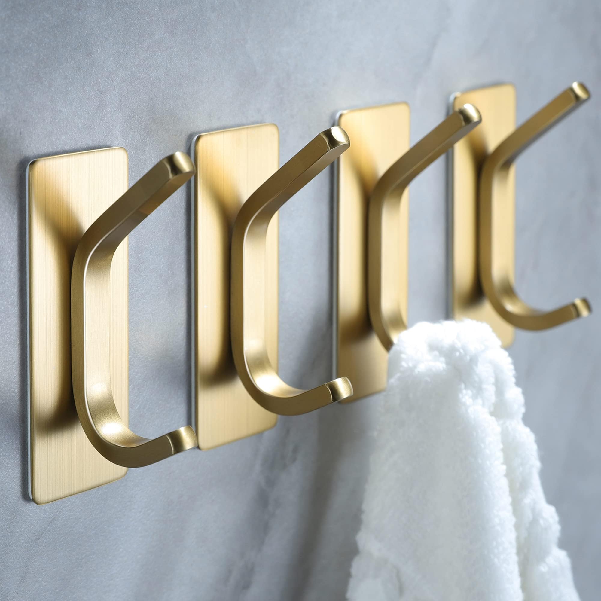 YIGII Towel Hooks/Adhesive Hooks - Brushed Gold Wall Hooks for Hanging Coat, Hat,Towel Robe Hook, Bathroom and Bedroom 4-Packs, Stainless Steel