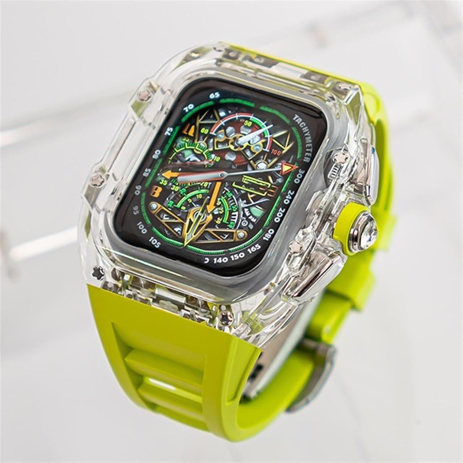 Luxury Transparent Watch Case+Fluororubber Watch Strap Modification Kit，For Apple Watch Band 8 7 6 5 4 SE 45MM 44MM Polycarbonate Case Sport Watchband