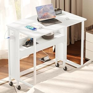 CHOEZON 80CM Modern White Folding Computer Desk with Power Outlets, Wheels, Storage, Perfect for Small Spaces White TDN01UWB