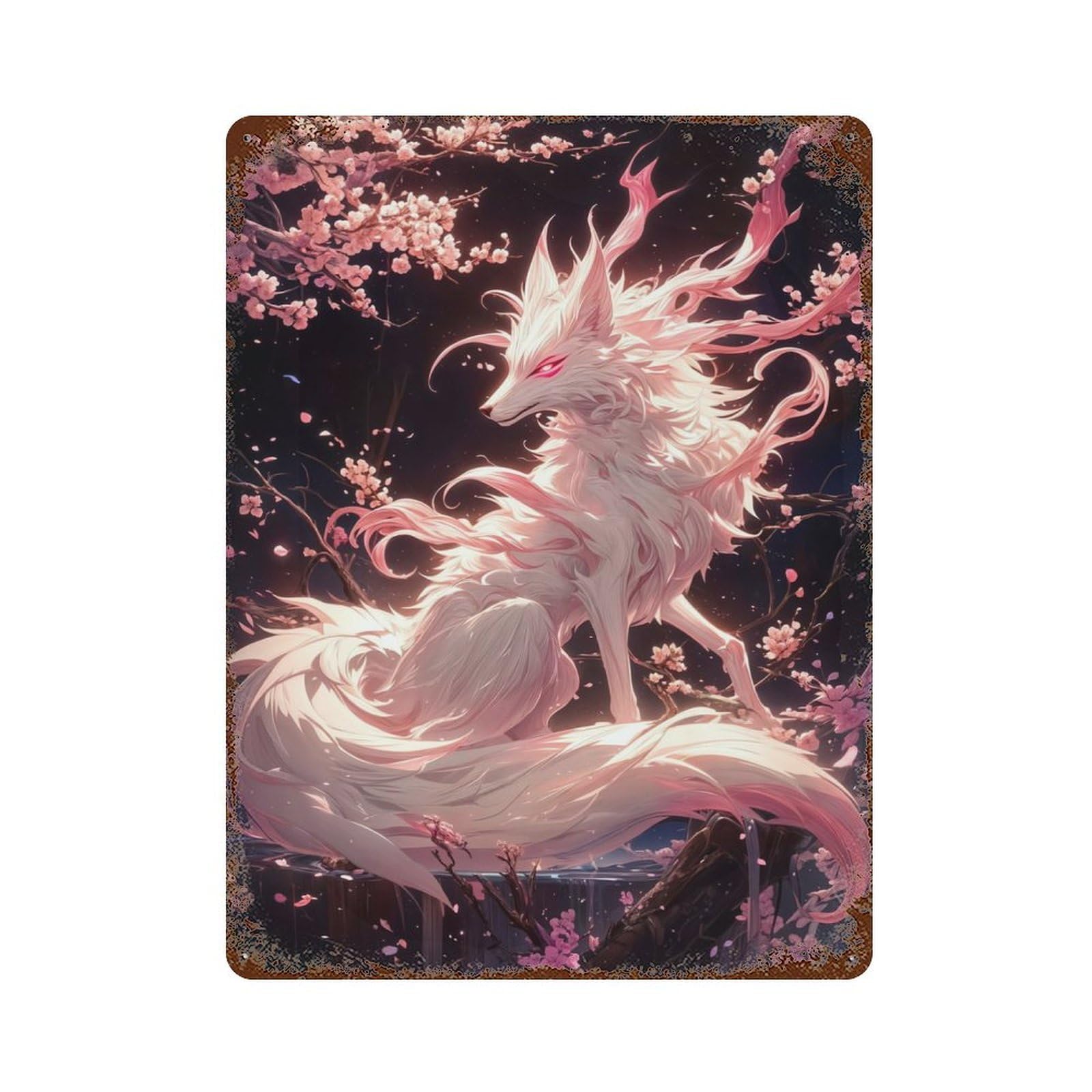 Sakura Kitsune Fox 15.7"x11.8" Rust Effect Tin Sign, Rustic Home Decor for Office, Studio And Wall Decor