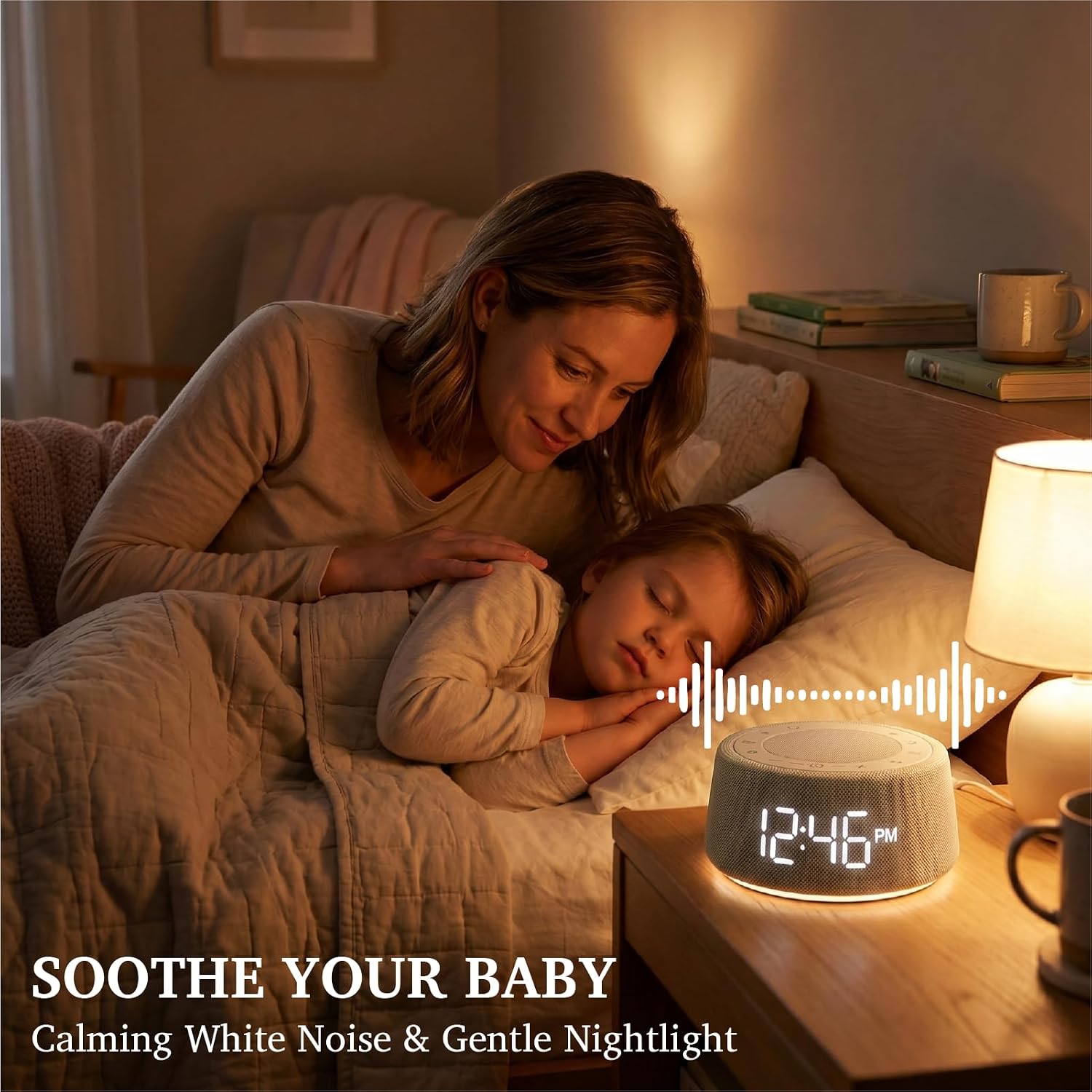 Wireless Digital Alarm Clock & White Noise Sound Machine Fabric Modern Home Decor image 3