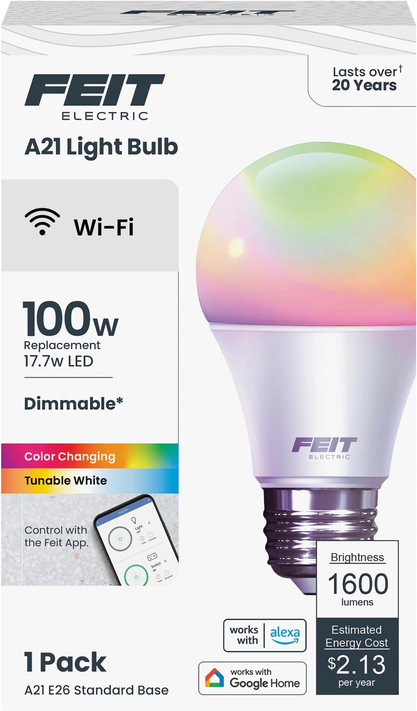 Feit Electric Smart Bulb, 100W Equivalent Color Changing &amp; Tunable White, 2.4Ghz WiFi Light Bulb, Works with Alexa &amp; Google Assistant, High CRI Dimmable LED OM100/RGBW/CA/AG, 1 Count (Pack of 12)