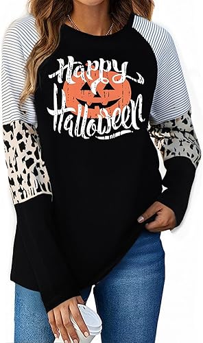 Funny Halloween Shirt for Women Long Sleeve Halloween Raglan Baseball Tee Shirt Top (Leopard-Black, Large)