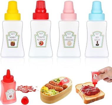 Gjinxi 4PCs Mini Ketchup Bottles, 23 ml Sauce Bottle Squeeze with Sturdy Screw Cap, Portable Soy Honey Sauce Salad Dressing Dispensers Containers, Small Sauce Containers for Adult Lunch Box