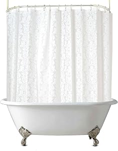Clawfoot Tub Shower Curtain 180x60 Inch Damask Lace Shower Liner All Warp Around Extra Wide Heavy Duty Vinyl Bath Curtain for Clawfoot Bathroom PEVA Waterproof Liner 36 Metal Hooks Tub
