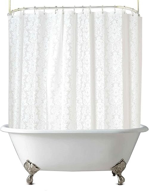 Clawfoot Tub Shower Curtain 180x60 Inch Damask Lace Shower Liner All Warp Around Extra Wide Heavy Duty Vinyl Bath Curtain for Clawfoot Bathroom PEVA Waterproof Liner 36 Metal Hooks Tub