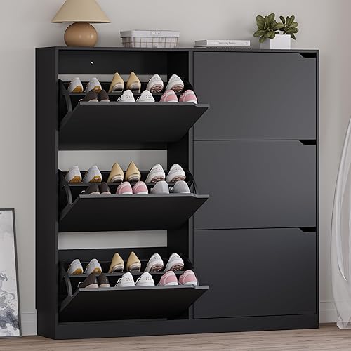 Miniatura 8 de Armario de almacenamiento de zapatos con 3 cajones abatibles, armario estrecho para zapatos, organizador independiente de almacenamiento para Negro