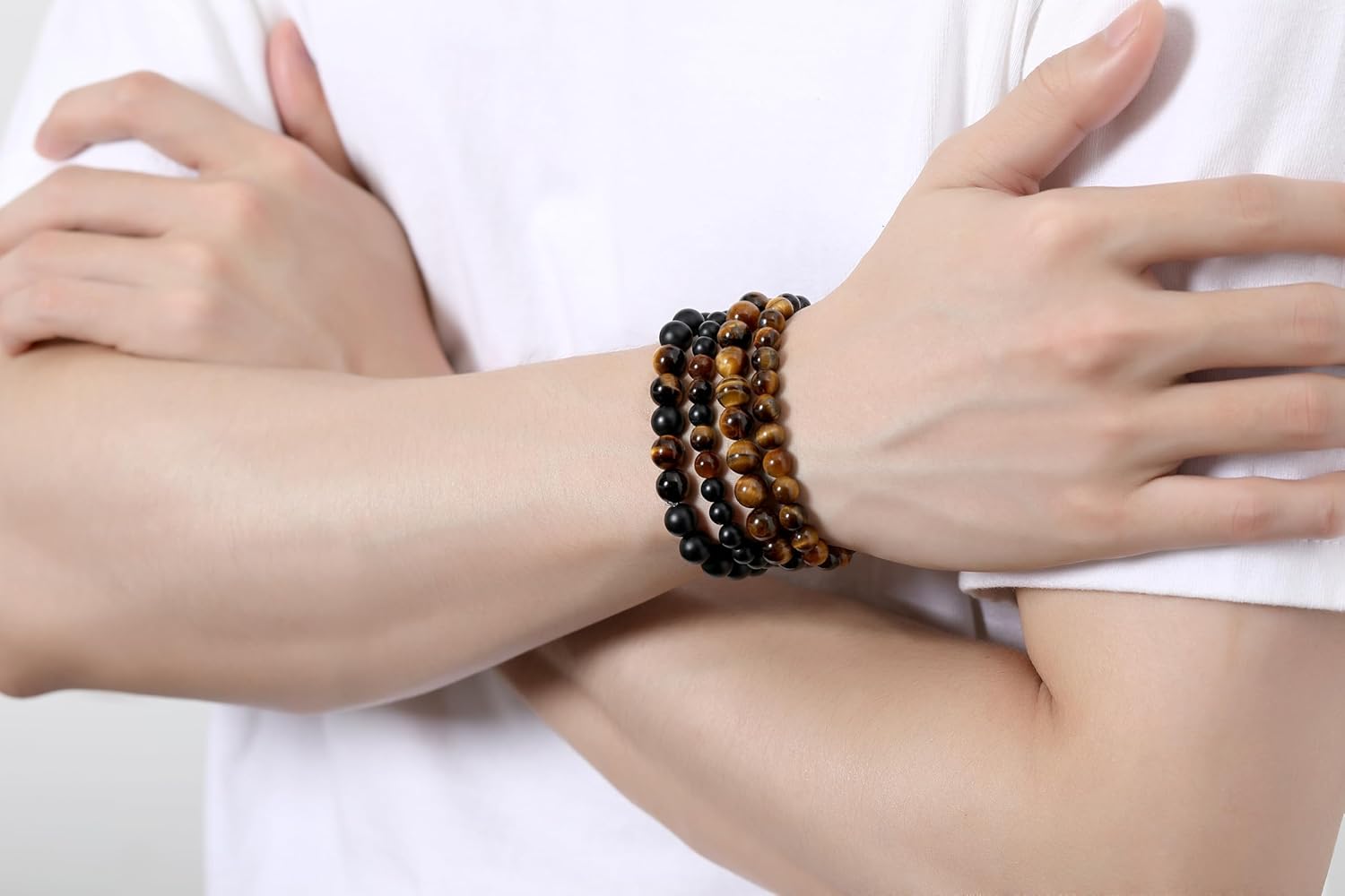 XIANNVXI Natural Stone Beads Bracelet for Men Crystal Bracelets 8MM Tiger Eye Lava Rock Obsidian Beaded Bracelet Set Black/Red/Blue Crystal Beaded Bracelets for Men - Image 3