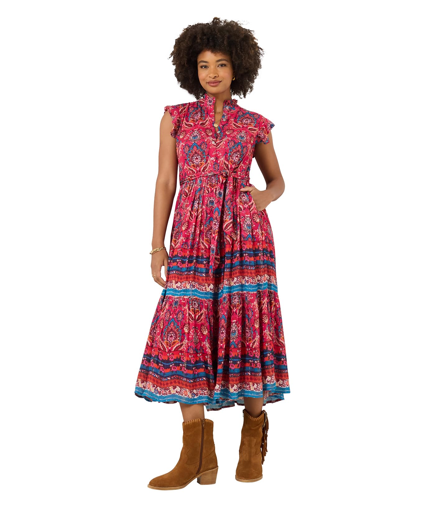 Joe Browns Women's Red Boho Mandarin Collar Maxi Dress, Slim, Uk 16