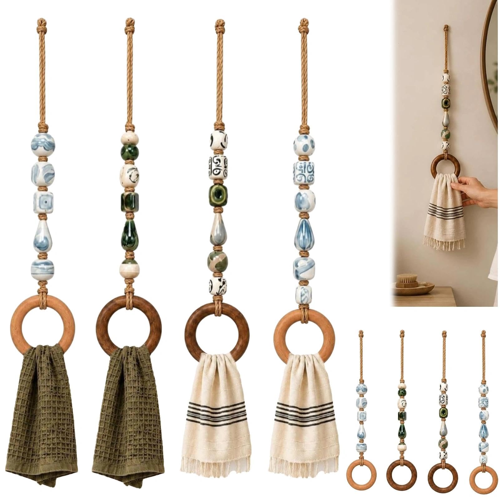 Decorative Beaded Towel Hanger with Wooden Ring(Towels Not Included)
