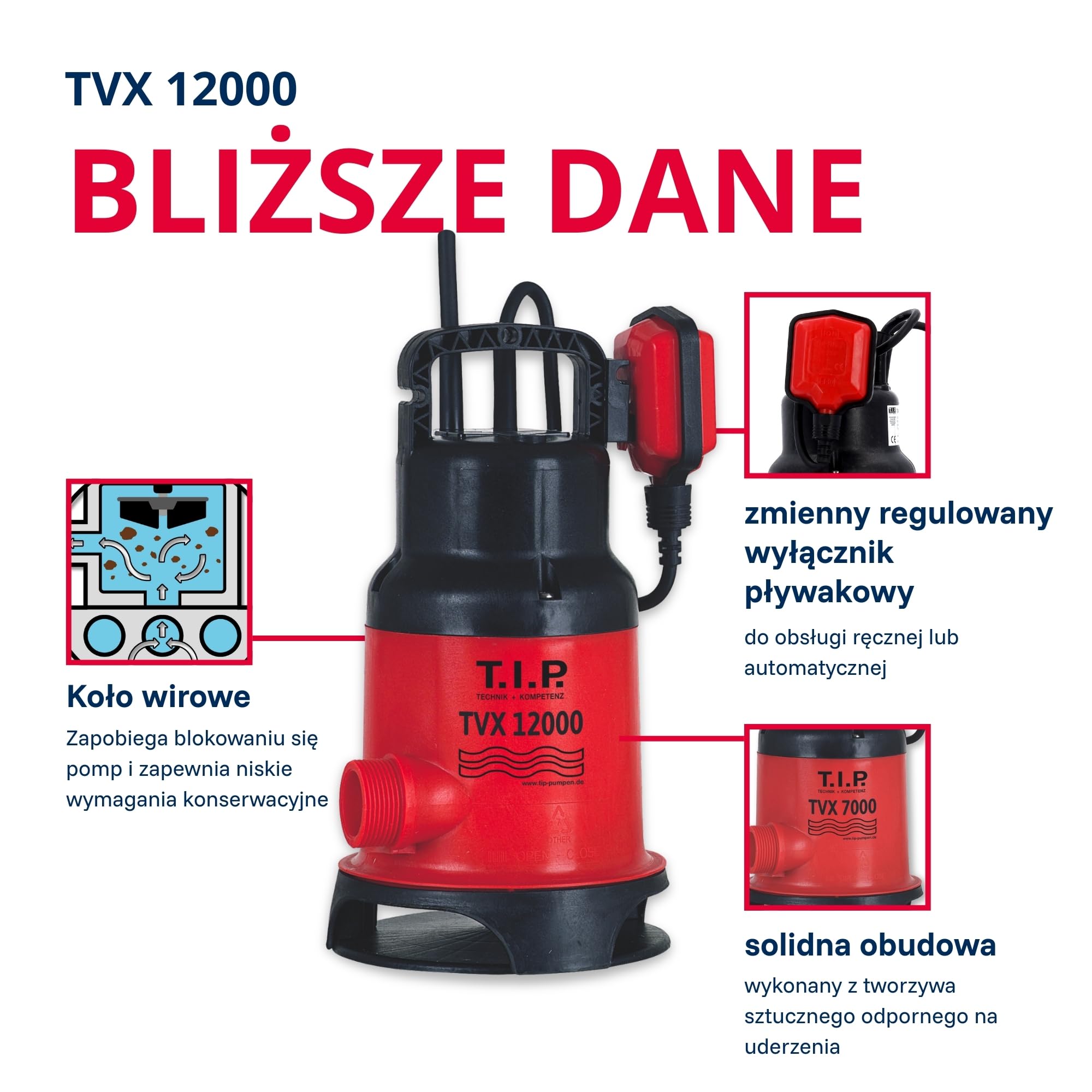 T.I.P. Pompa Zanurzeniowa do Brudnej Wody TVX 12000 – Silnik 480W, Wirnik VORTEX, 10 800 l/h, maks. 6m, Automatyczny Pływakowy Wyłącznik