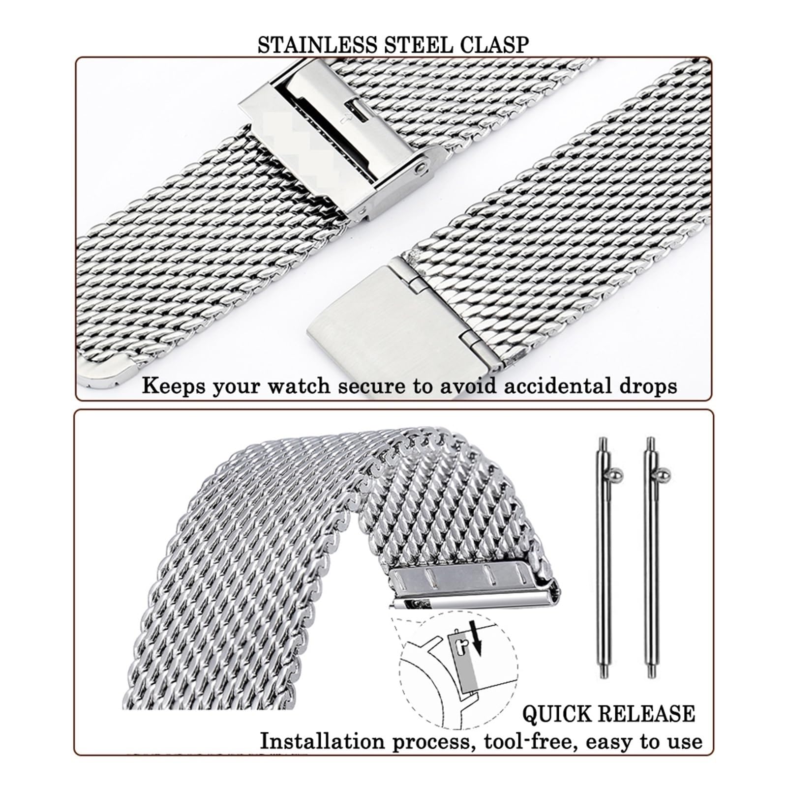 Cinturino per orologio in acciaio inox, maglia metallica a sgancio rapido, cinturino milanese compatibile con chiusura di ricambio, facile da ridimensionare Waterpoof (20 mm)