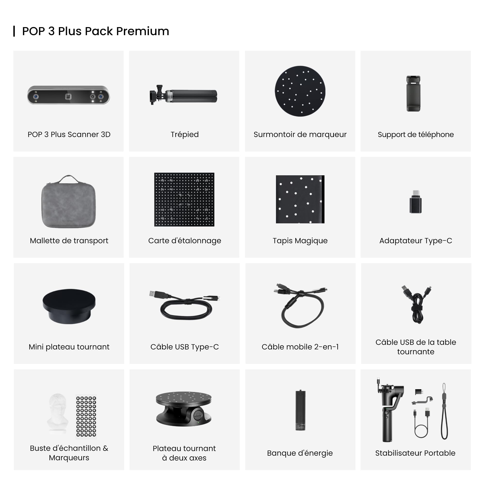 Revopoint POP3 Plus Scanner 3D pour l'impression 3D,Scanner portable avec une précision de 0,04mm et une vitesse de scan de 18 ips,pour objets de taille moyenne,PREMIUM,Essai 30 Jours de QuickSurface