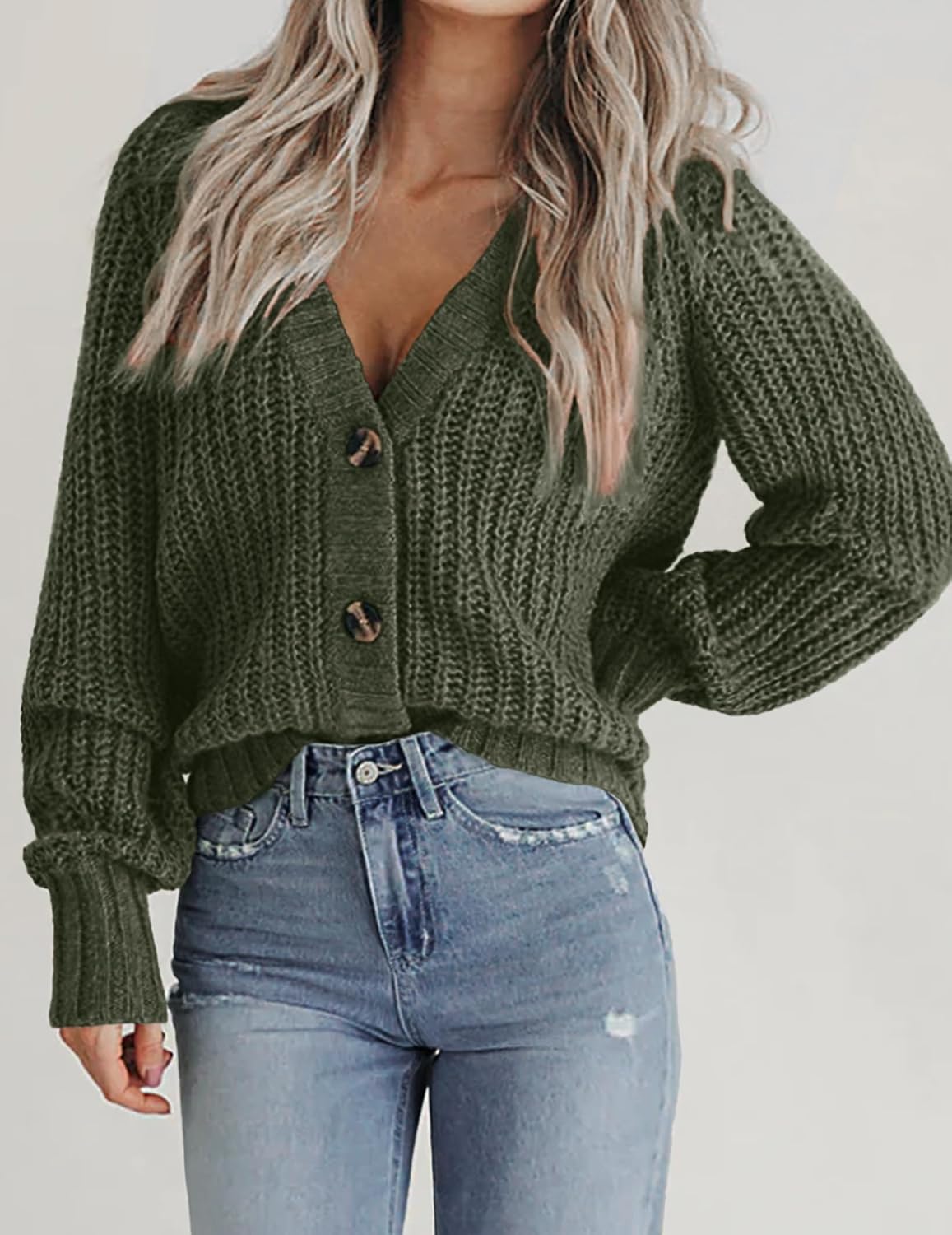 Zeagoo Women's 2026 Fall Chunky Knit Cardigans Open Front Long Sleeve V Neck Button Loose Cardigan Sweaters - Image 2