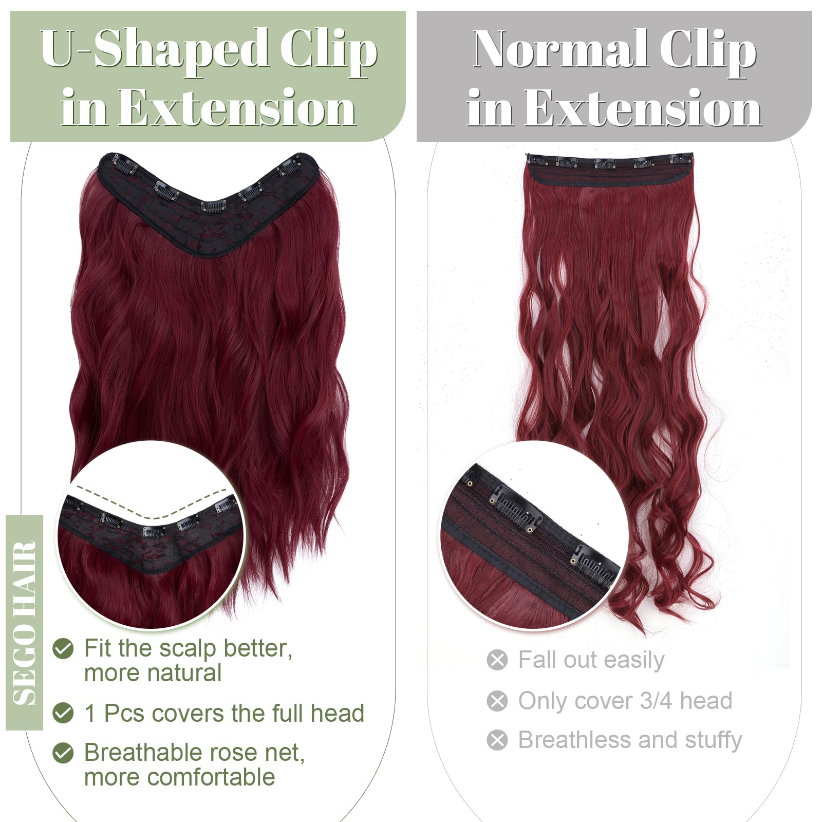 SEGO 18 Inch One Piece Clip in Hair Extensions U-Shaped Long Wavy Synthetic Curly One Piece Hairpieces With 5 Secure Clips, Wine Red - Image 2