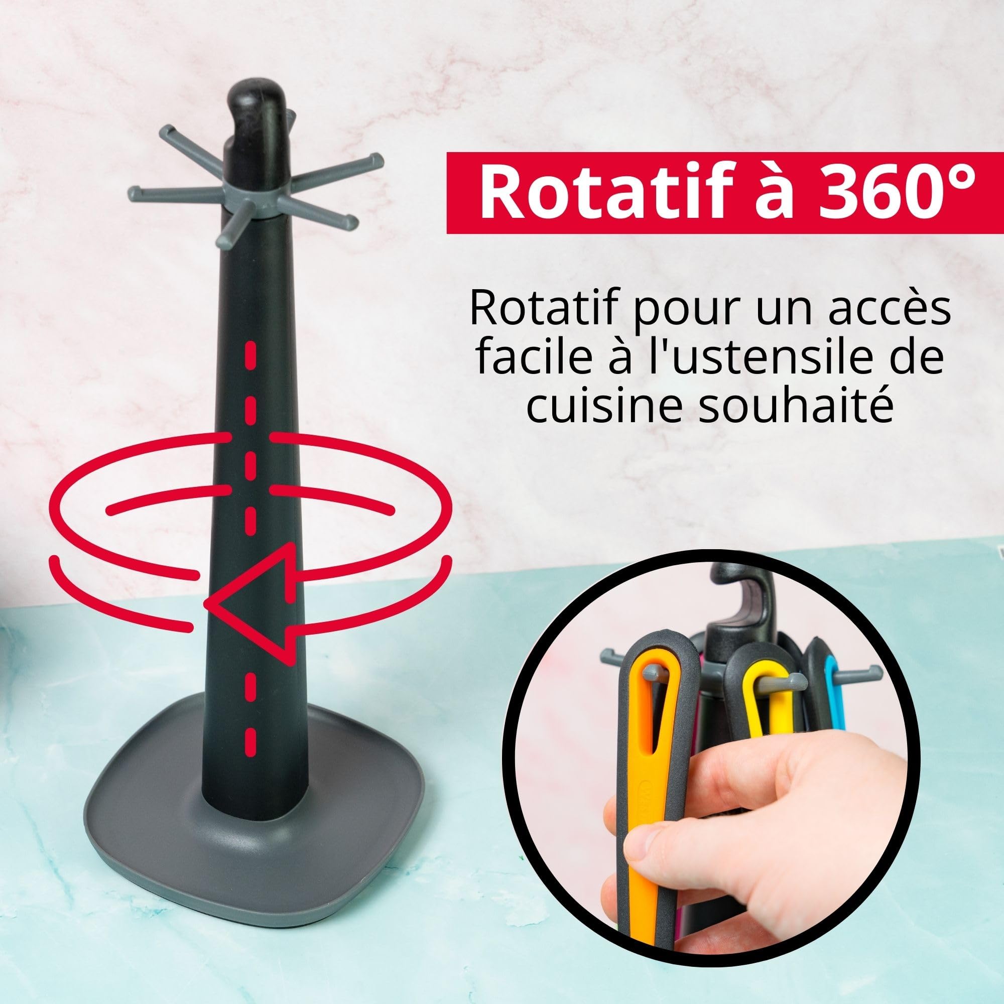Westmark Ustensiles de Cuisine - Support Rotatif Souple avec Presse-Purée, Cuillère à Friture et Légumes, Cuillère à Spaghetti, Louche, Écumoire et Spatule - Multicolore, 7 Pièces