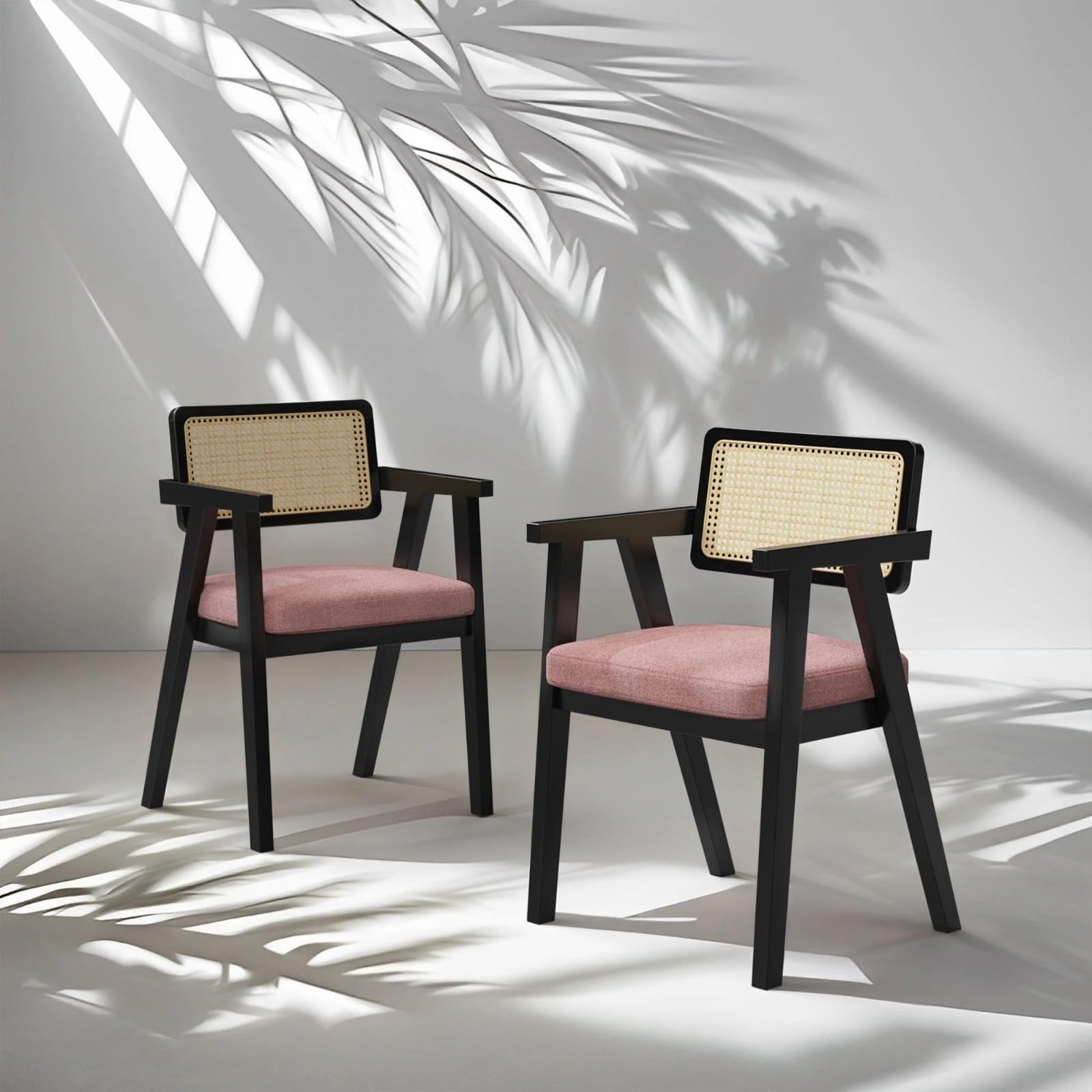 FLATU ART Mid-Century Dining Chairs with Cane Back, Valvet Cushion, Wooden Frame, Set of 2 (Black)