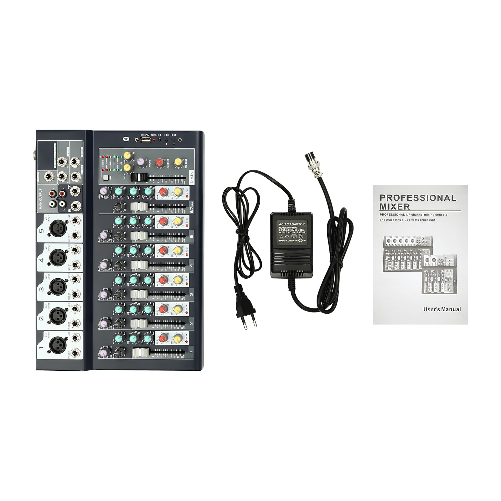 15W Mini Audio DJ Mixer Soundboard Consola Sistema de Consola Batidora Profesional 7 Canales Sonido Mixer Soundboard Consola Bluetooth USB Wireless