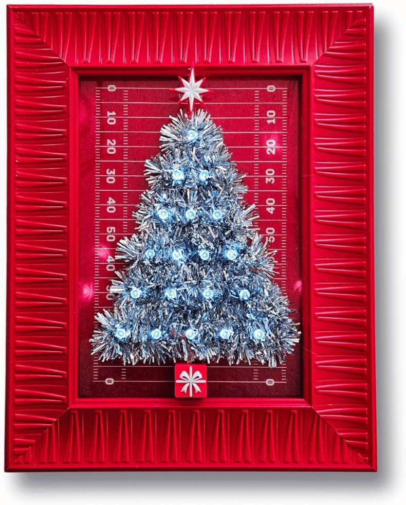 Tiny Christmas Table Top Tree 665 with LED Lights - Modern Lighted Decorations for Home Fireplace Mantle Shelf - Small Wall Hanging Timer Holiday Decor (Red Background, Red Frame, Silver Garland)