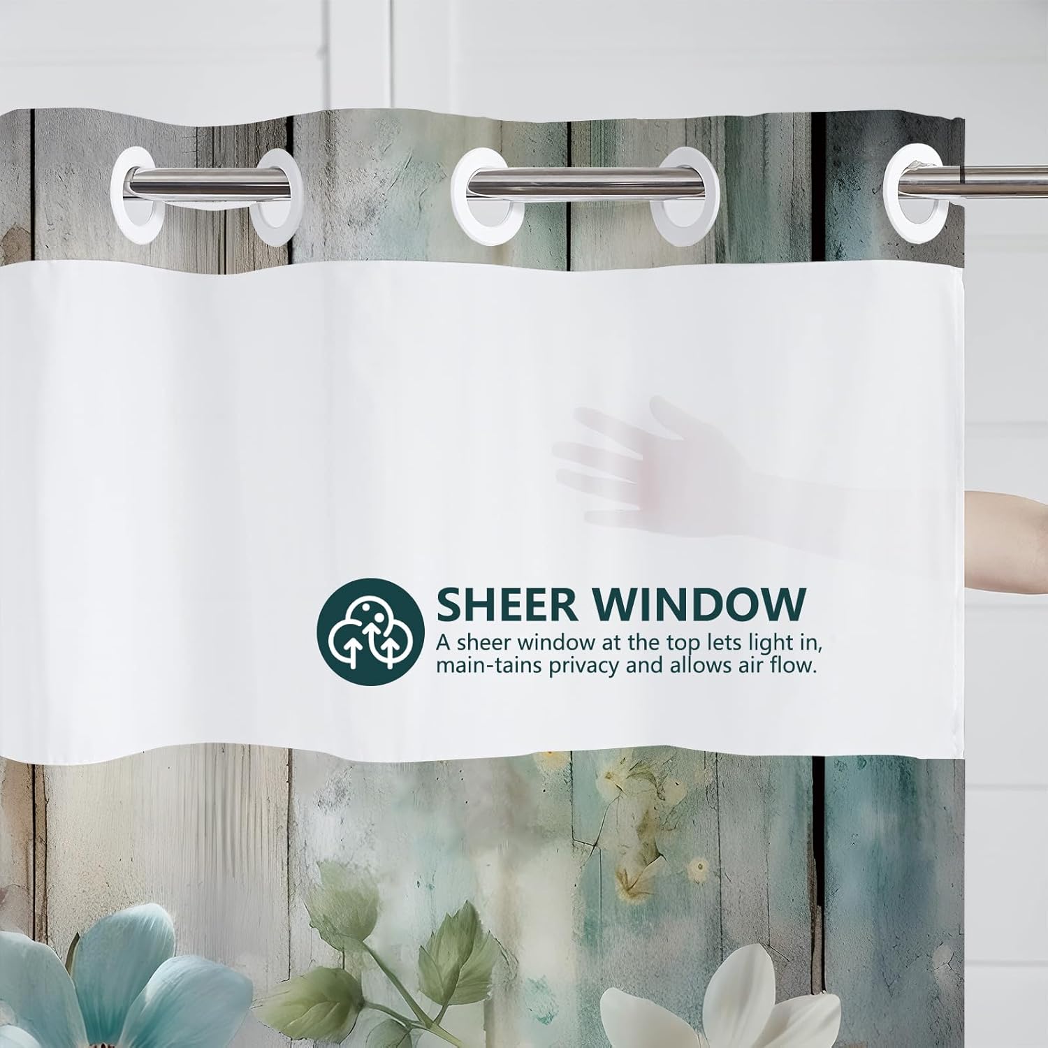 MEHOFOND No Hook Rustic Farmhouse Shower Curtain, Hookless Colorful Flowers Shower Curtain,Farm Teal Floral on Country Wooden Shower Curtain with Snap in Liner, Waterproof Polyester Fabric 71X74in