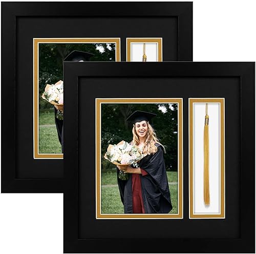 Golden State Art Marco de graduación de 10 x 10 pulgadas con cristal real, se adapta a fotos y borlas de 5 x 7 pulgadas, doble paspartú (negro sobre