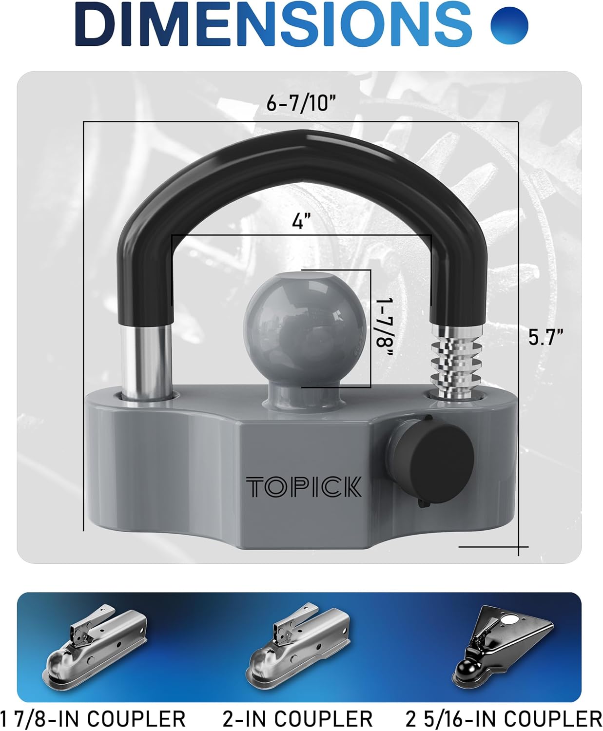 TOPICK Heavy-Duty Trailer Coupler Lock with PVC-Coated U-Bolt, Universal Fit for 1-7/8", 2", 2-5/16" Hitch Couplers, Anti-Theft Security for RV, Boat, Utility Trailers, Grey