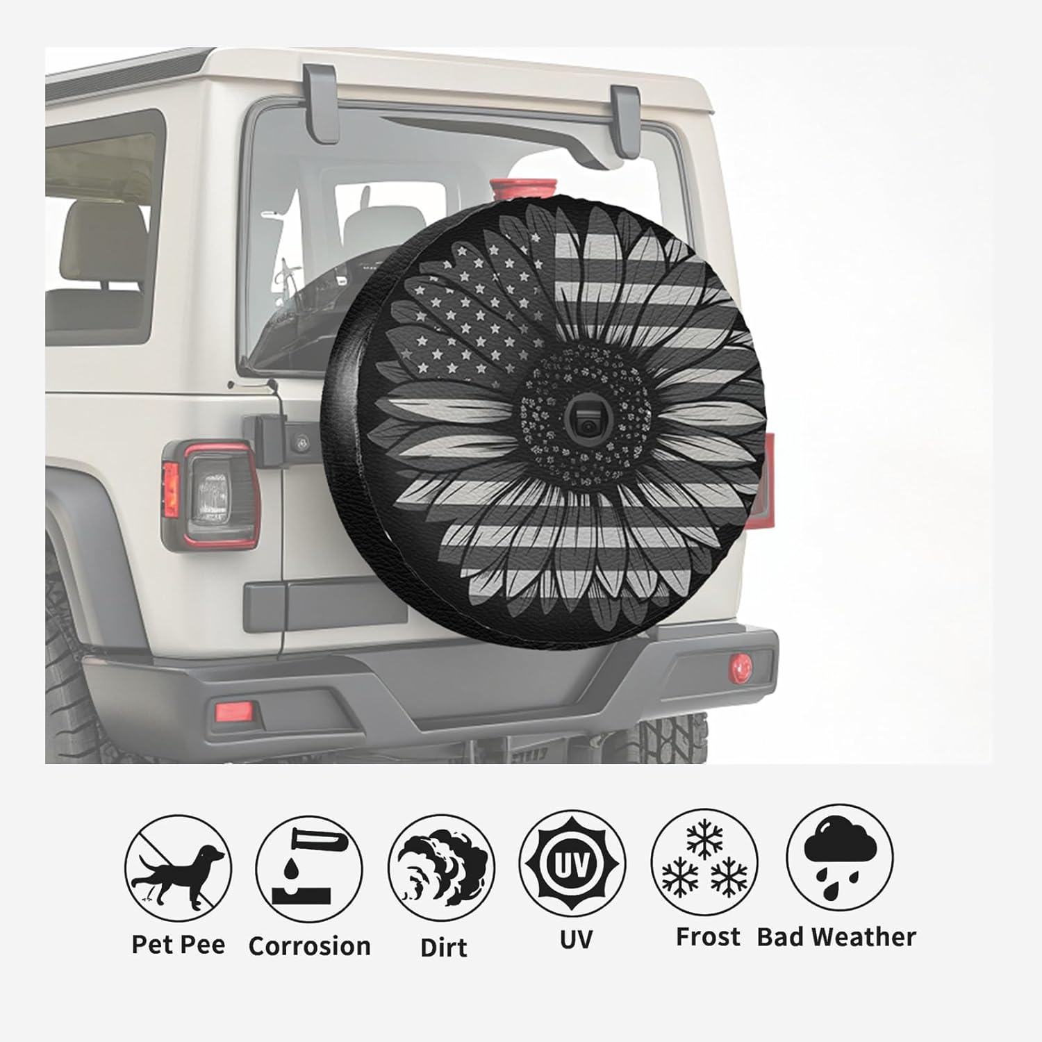 18 Inch Black and White American Flag Sunflower Leather Spare Tire Cover with Backup Camera Hole Universal Wheel Protector for Wrangler Jl SUV Rv Trailer Camper Truck