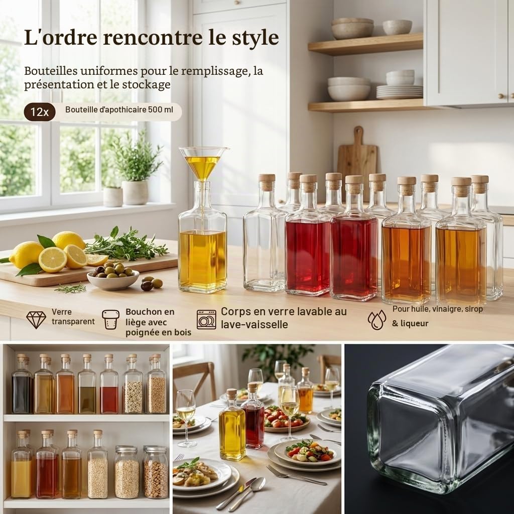 gouveo Lot de 12 bouteilles en verre 500 ml Carré Pharmacien avec bouchon en liège (HGK) - Bouteille 0,5 l à remplir et à offrir - Bouteille vide pour gin, liqueur, huile, vinaigre (AFET500HGK)