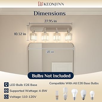 Keonjinn 4-Light Bathroom Light Fixtures, Crystal Chrome Bathroom Vanity Lights Over Mirror, Vanity Lighting Fixtures with Crystal Square Shades (E26 Socket, Exclude Bulb)