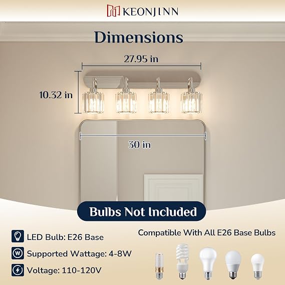 Keonjinn 4-Light Bathroom Light Fixtures, Crystal Chrome Bathroom Vanity Lights Over Mirror, Vanity Lighting Fixtures with Crystal Square Shades (E26 Socket, Exclude Bulb)