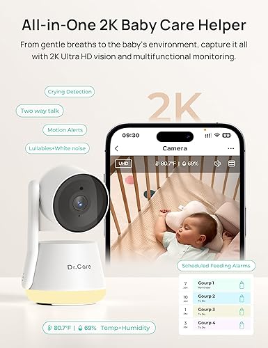Miniatura 10 de Dr.Care LumiView Monitor inteligente WiFi para bebé con 2 cámaras, control de aplicación de cámara 2K y 1080P FHD de 5 pulgadas, modo de privacidad,