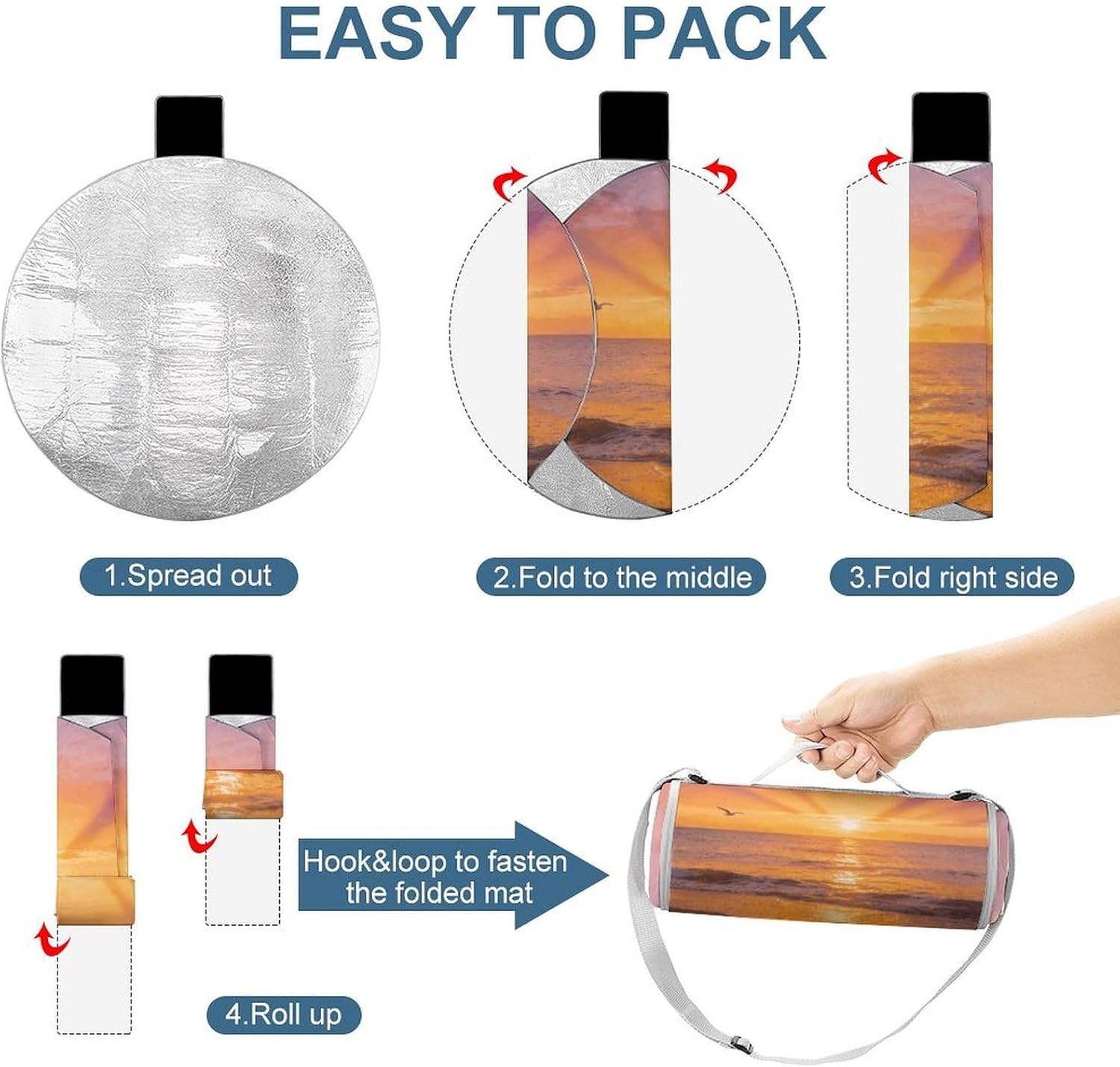 Ocean Sunset Round Picnic Outdoor Blanket with Carry Strap,Lightweight Folding Portable Travel Blanket Waterproof Sand Proof Camping Blanket for Camping, Beach, Park 58.3"x58.6"