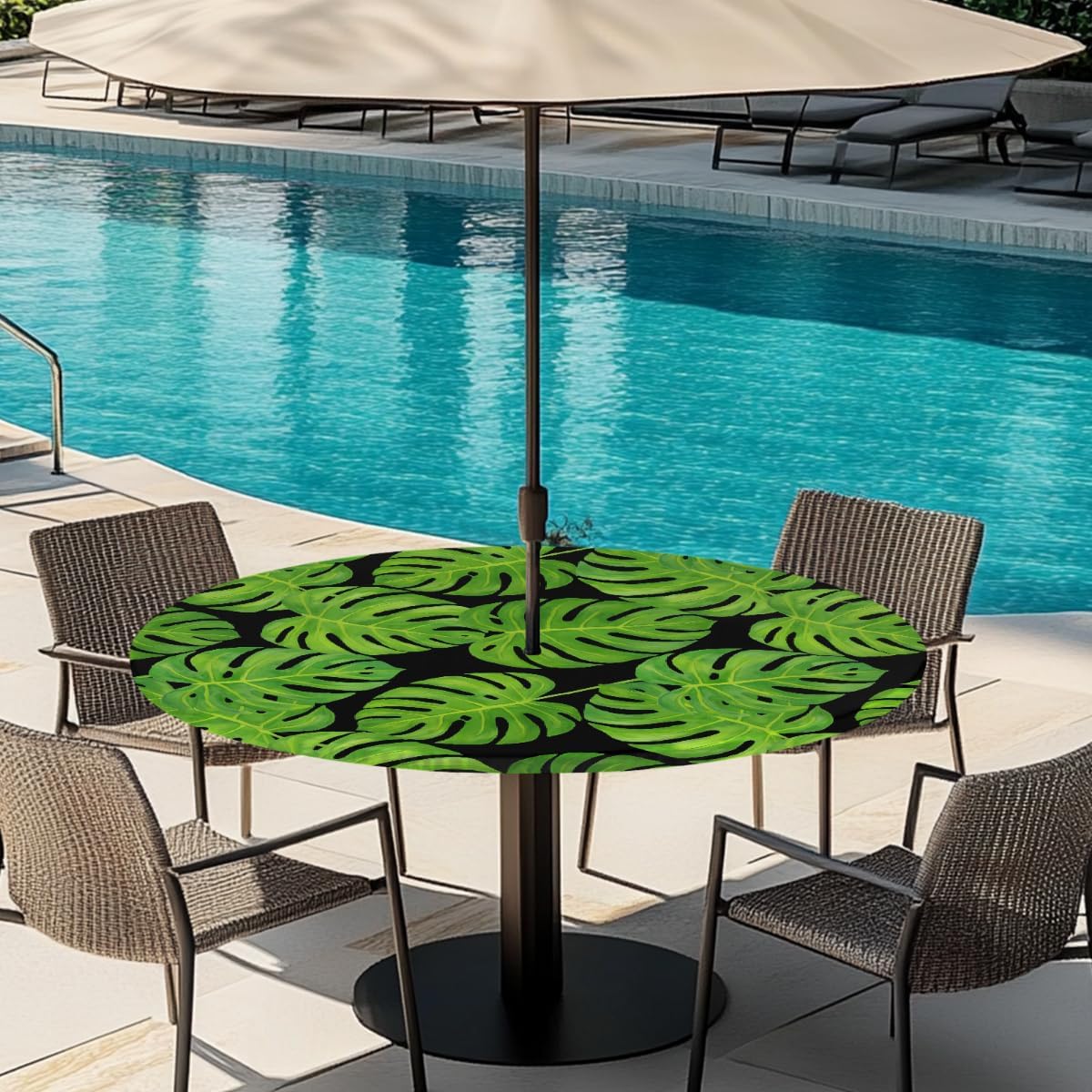 Outdoor Round Fitted Tablecloth - Tropical Palm Leaves Elastic Edge Circular Table Cloth with Umbrella Hole & Hidden Zipper - Waterproof Tablecover Fits 45"-56" Tables for Patio, Picnic, Dinner Decor