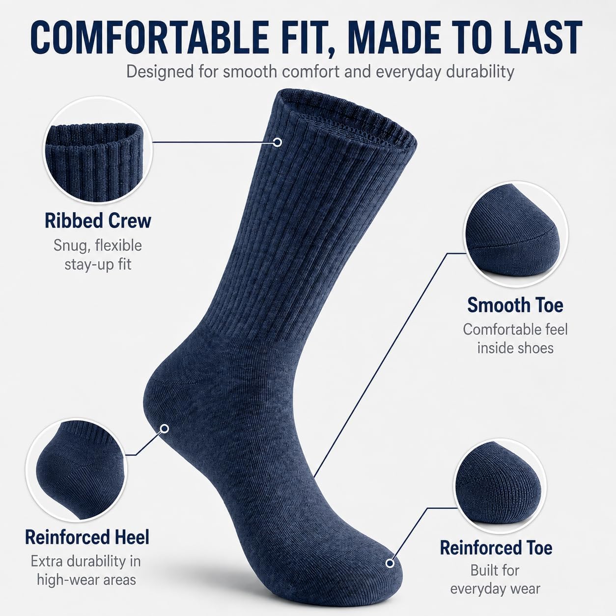 Men's Crew Socks, Lightweight Casual Cotton Socks for Men, Moisture Wicking Breathable Smooth Toe, 6 Pairs,Size 7-11
