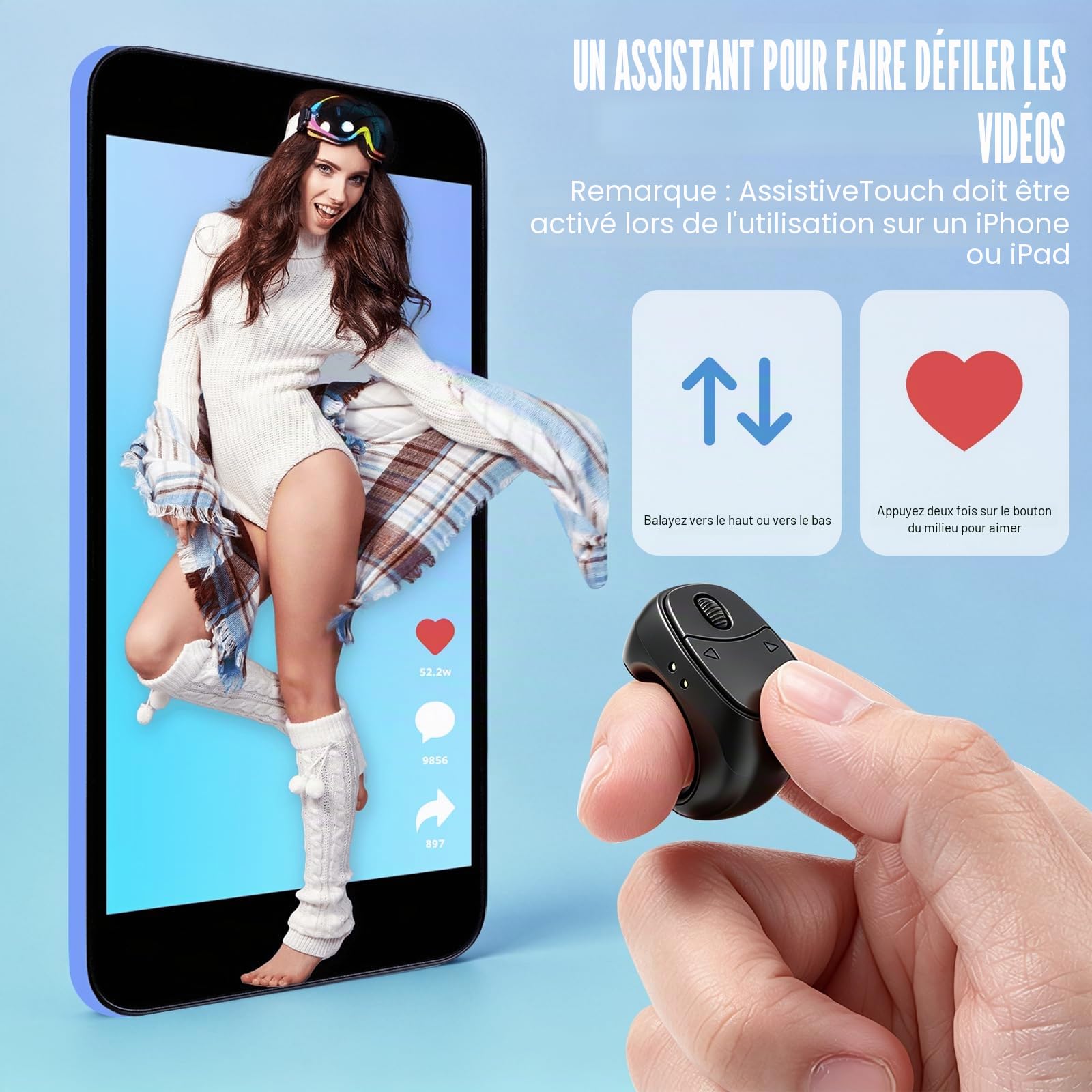 Anneau de Défilement Bluetooth TikTok,Tourne-Page à Distance | Contrôleur Mobile Selfie Lazy avec Chargeur, Appareil Photo, Enregistrement Vidéo pour Tablettes, iOS, Android