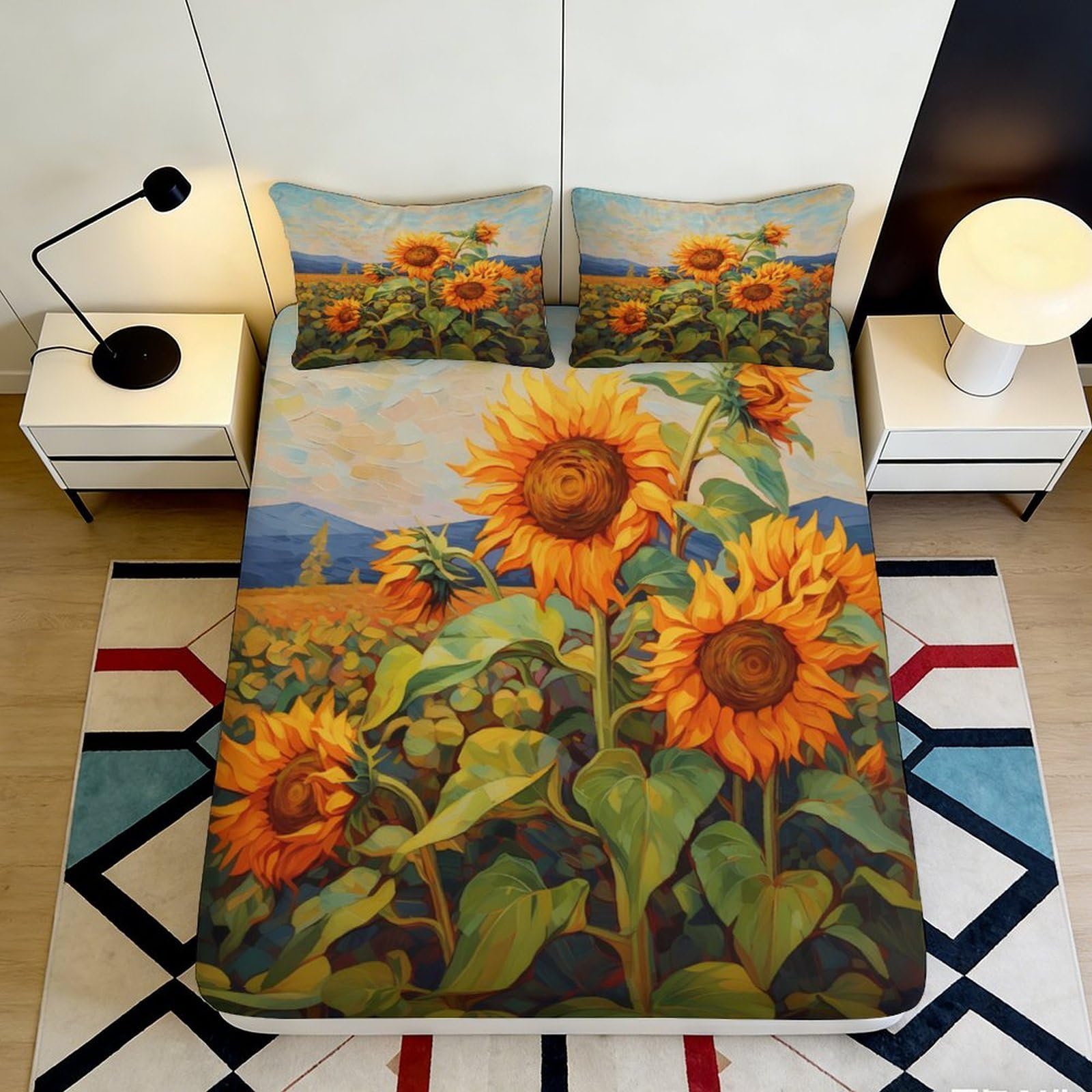 3D Printed Sunflower Fitted Sheet Microfiber Soft Breathable Floral Bed Cover for Bedroom Dormitory Guest Room Mattress Protection Decor 200x200x25cm
