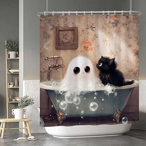 Miniatura 3 de Baocicco Cortina de ducha con diseño de fantasma y gato negro para niños, 72 x 78 pulgadas, espeluznante y bonita, con 12 ganchos, cortina de baño