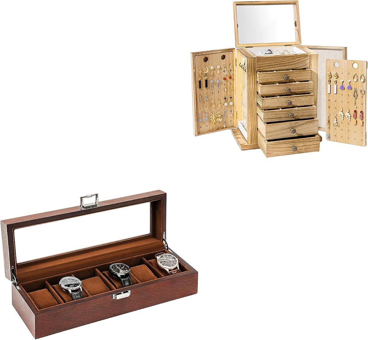 ProCase Paquete de joyero grande con vitrina de madera para relojes con 6 ranuras