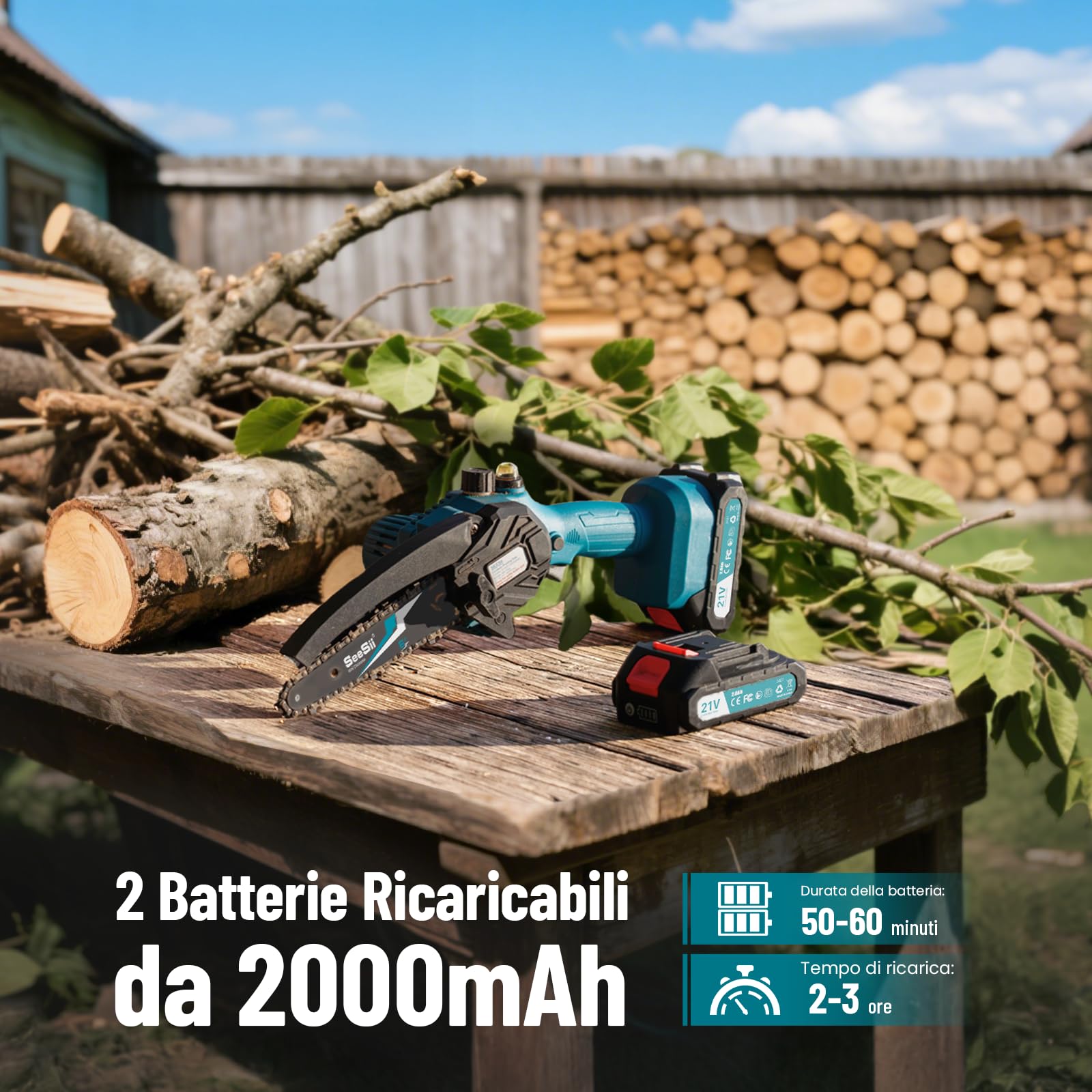 Mini Motosega a Batteria Portatile, SEESII Sega a Batteria da 6 Pollici con Caricatore, 2 Batterie e Oliatore Automatico, Motosega Elettrica per Giardinaggio, CH610
